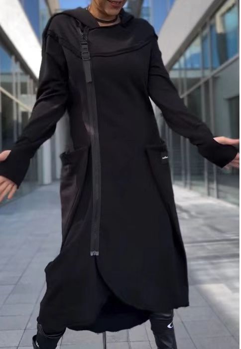 Modern women's hooded coat with side pockets and asymmetrical hem Lune London