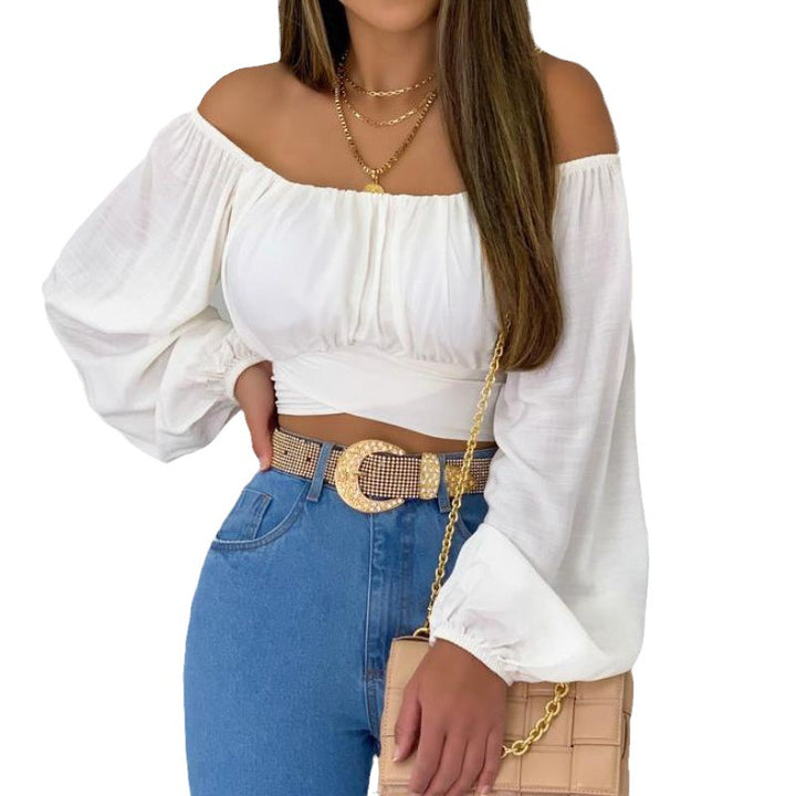 Ladies Off-Shoulder Bell Sleeve Crop Top Lune London
