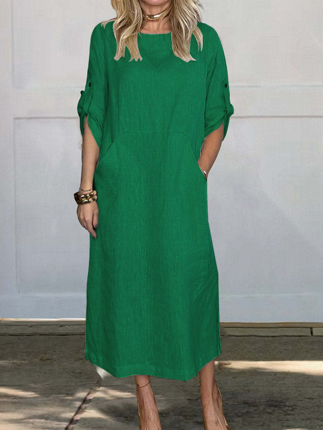 Airy midi dress for women with practical pockets and roll-up sleeves Lune London