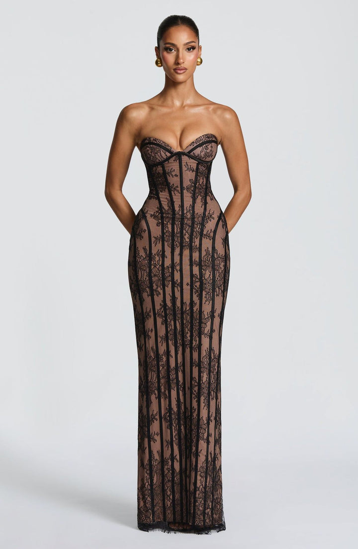 Ladies fitted lace dress with bustier top and elegant details