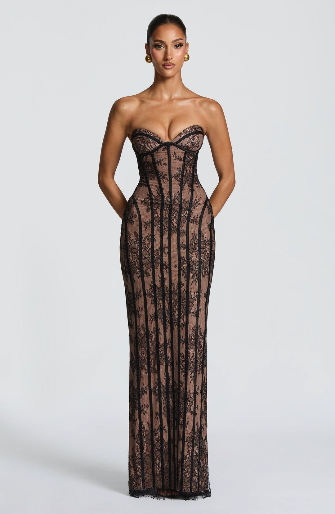 Ladies fitted lace dress with bustier top and elegant details Lune London