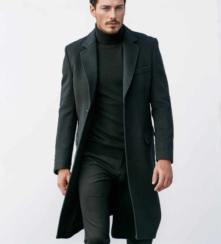 Elegant and modern long coat for men with textured upper fabric Lune London
