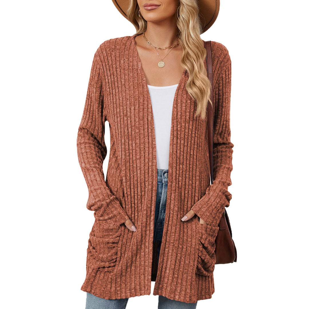 Ladies casual knit jacket with ribbed texture and practical pockets Lune London