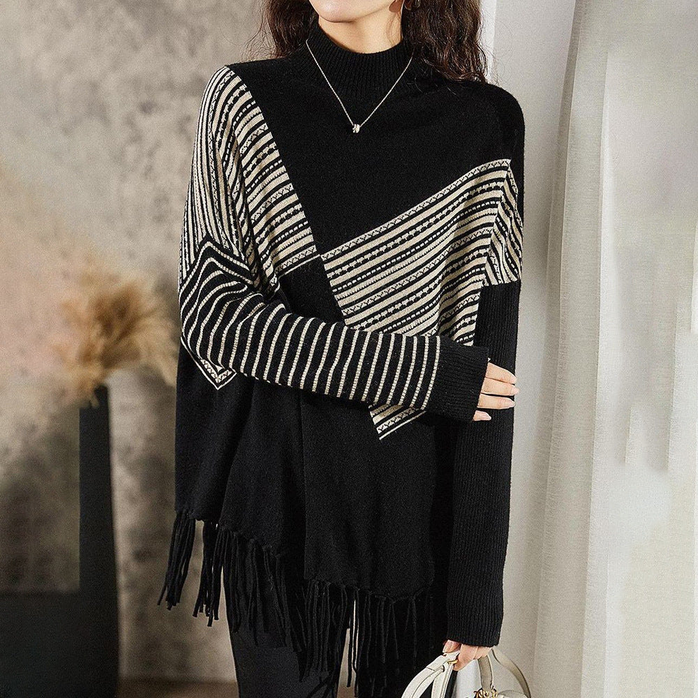 Pull en maille pour femmes avec motif géométrique et franges