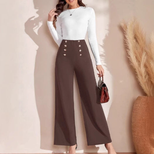 High-waisted wide-leg pants for women with decorative buttons Lune London