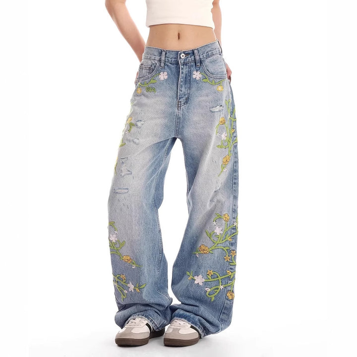 Ladies embroidered wide Denim jeans Lune London