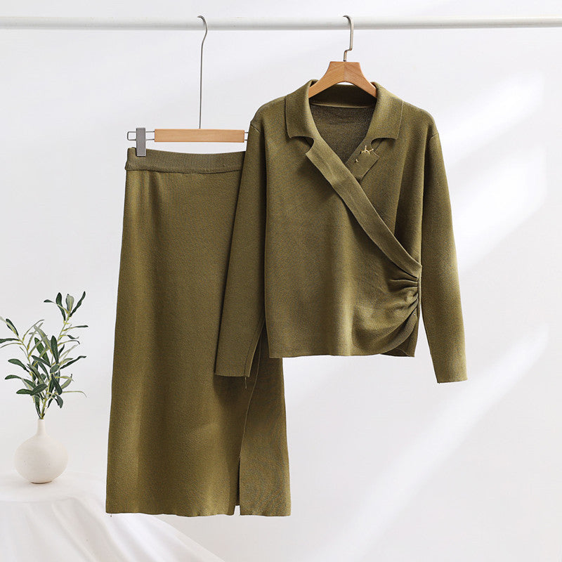 Elegant knit set for women with a wrap top and refined high waist Lune London