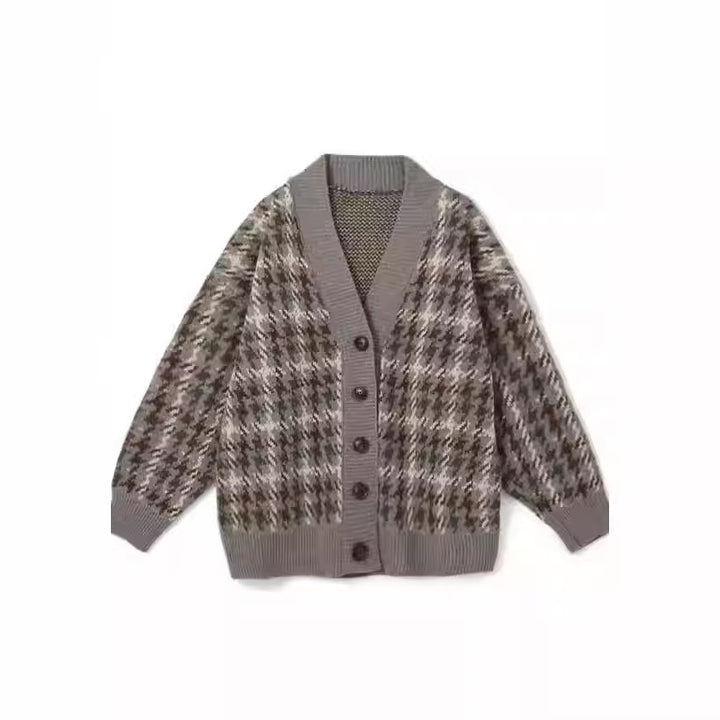 Ladies patterned cardigan with button placket and V-neck Lune London