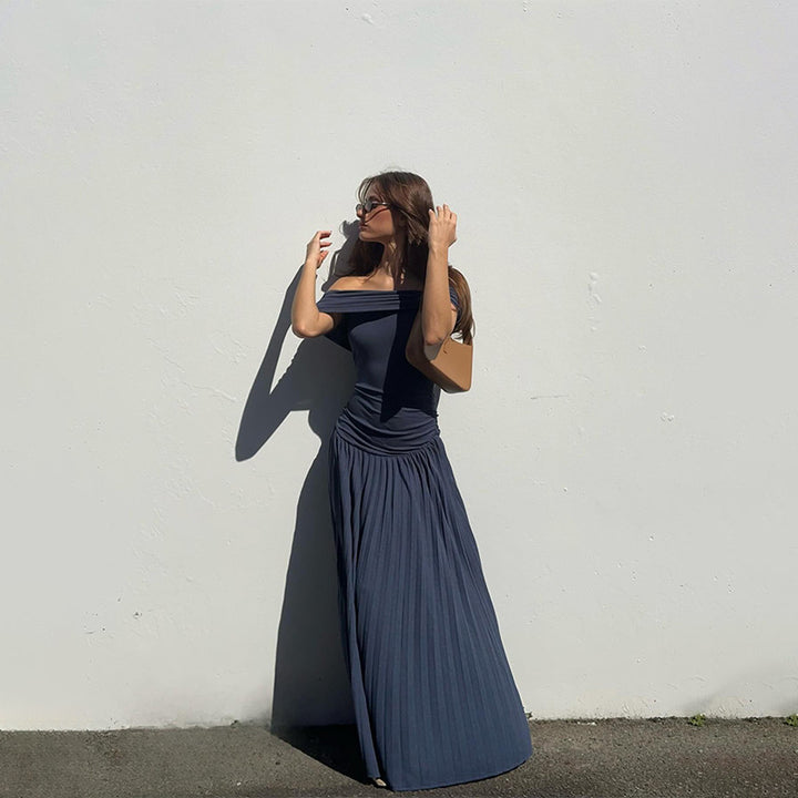 Elegant off-shoulder maxi dresses for women with pleated details and flattering cut Lune London