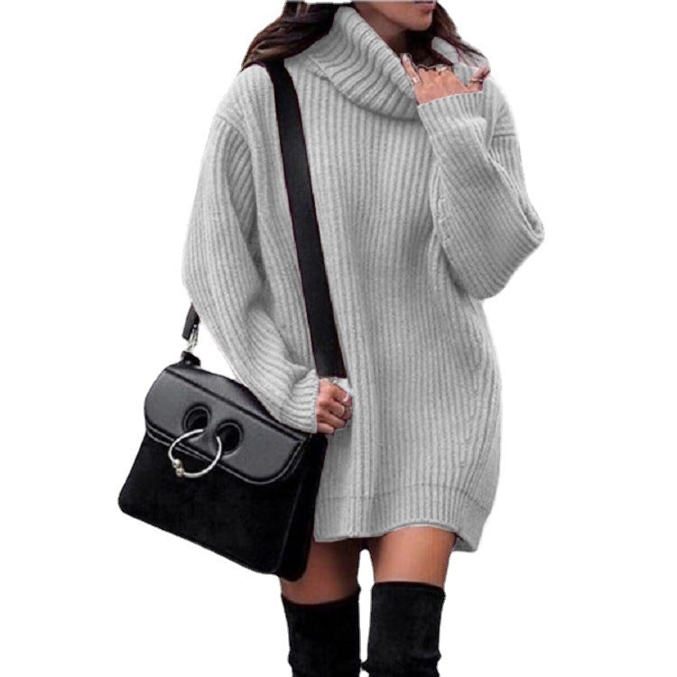 Knitted dress for women with high collar and ribbed structure Lune London