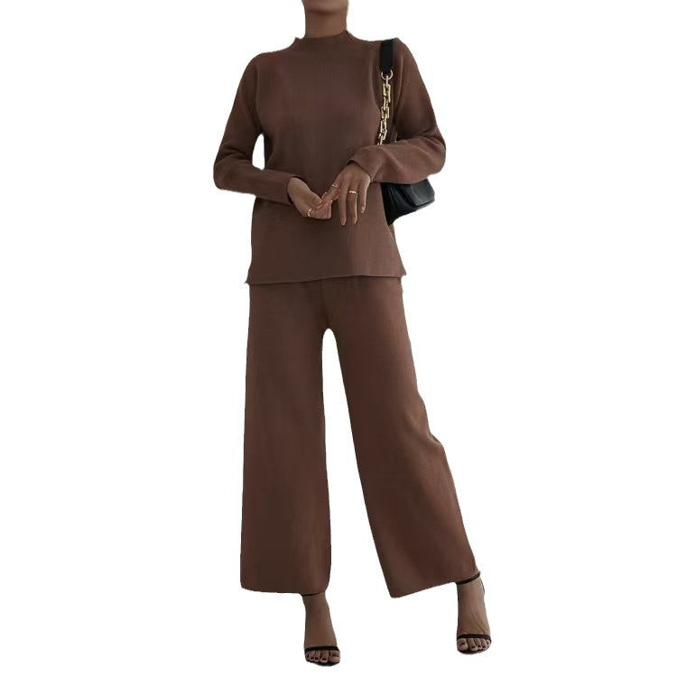 Elegant and casual knit loungewear set for women with high collar and wide legs Lune London