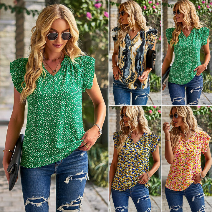 Women's blouse with ruffle details and sophisticated marbled pattern Lune London