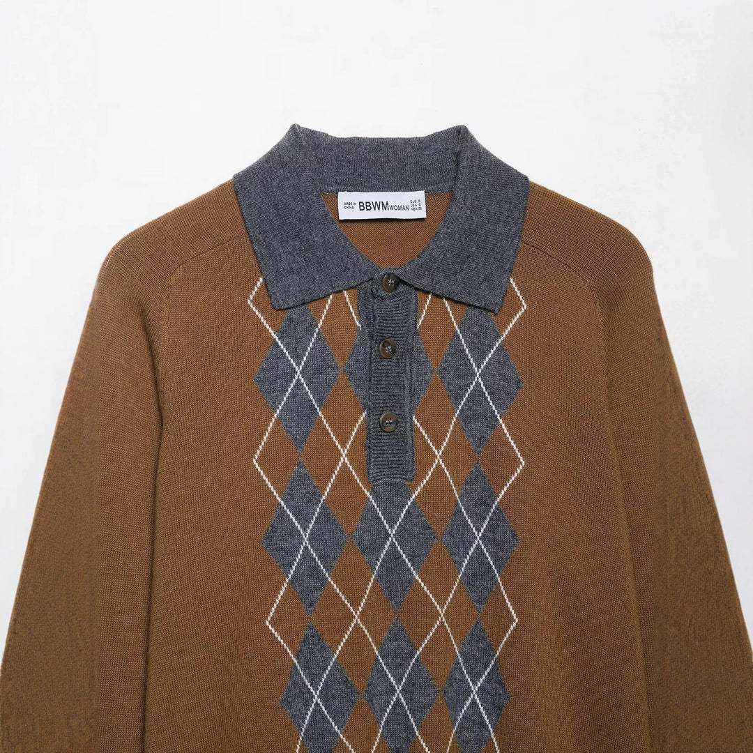 Women's sweater with classic polo collar and modern diamond pattern Lune London