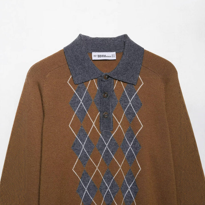 Women's sweater with classic polo collar and modern diamond pattern Lune London