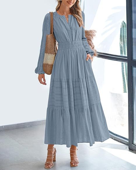 Maxi dress for women with elegant sleeves and refined elastic at the waist Lune London