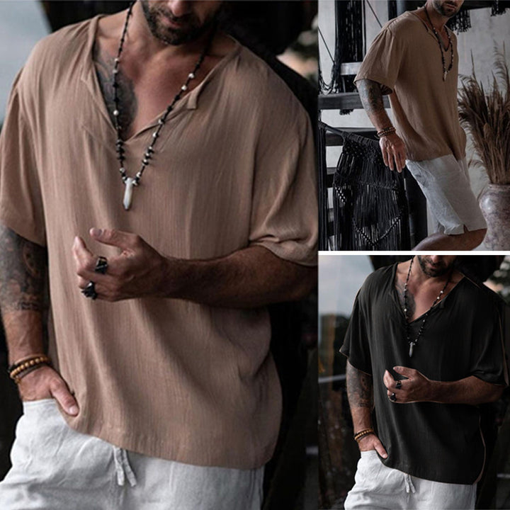 Men's Short Linen Top with V-Neck and Casual Cut Lune London