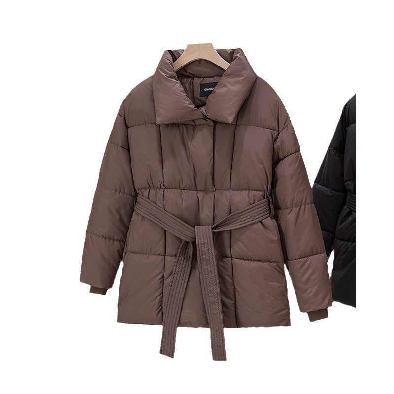 Ladies Quilted Jacket with Belt and Elegant Chic Collar Shape