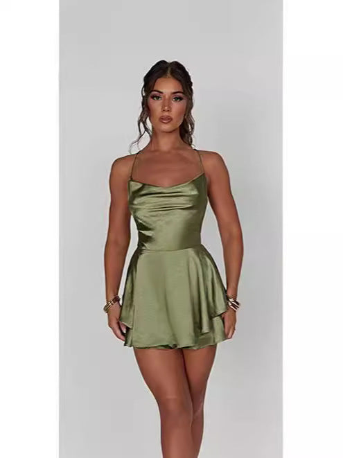 Women's Satin Mini Dress with Flared Skirt and Fine Spaghetti Straps Lune London