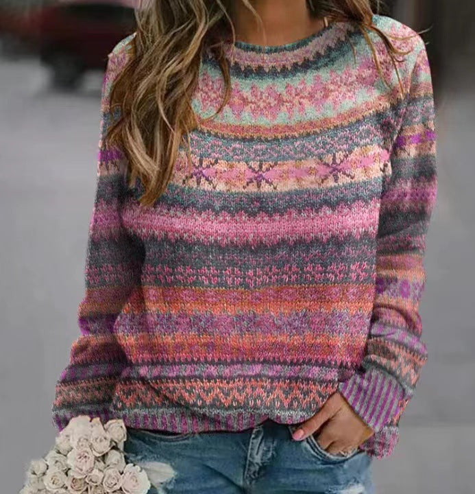 Women's Knit Sweater with Colorful Norwegian Pattern and Round Neck Chic Und Stil