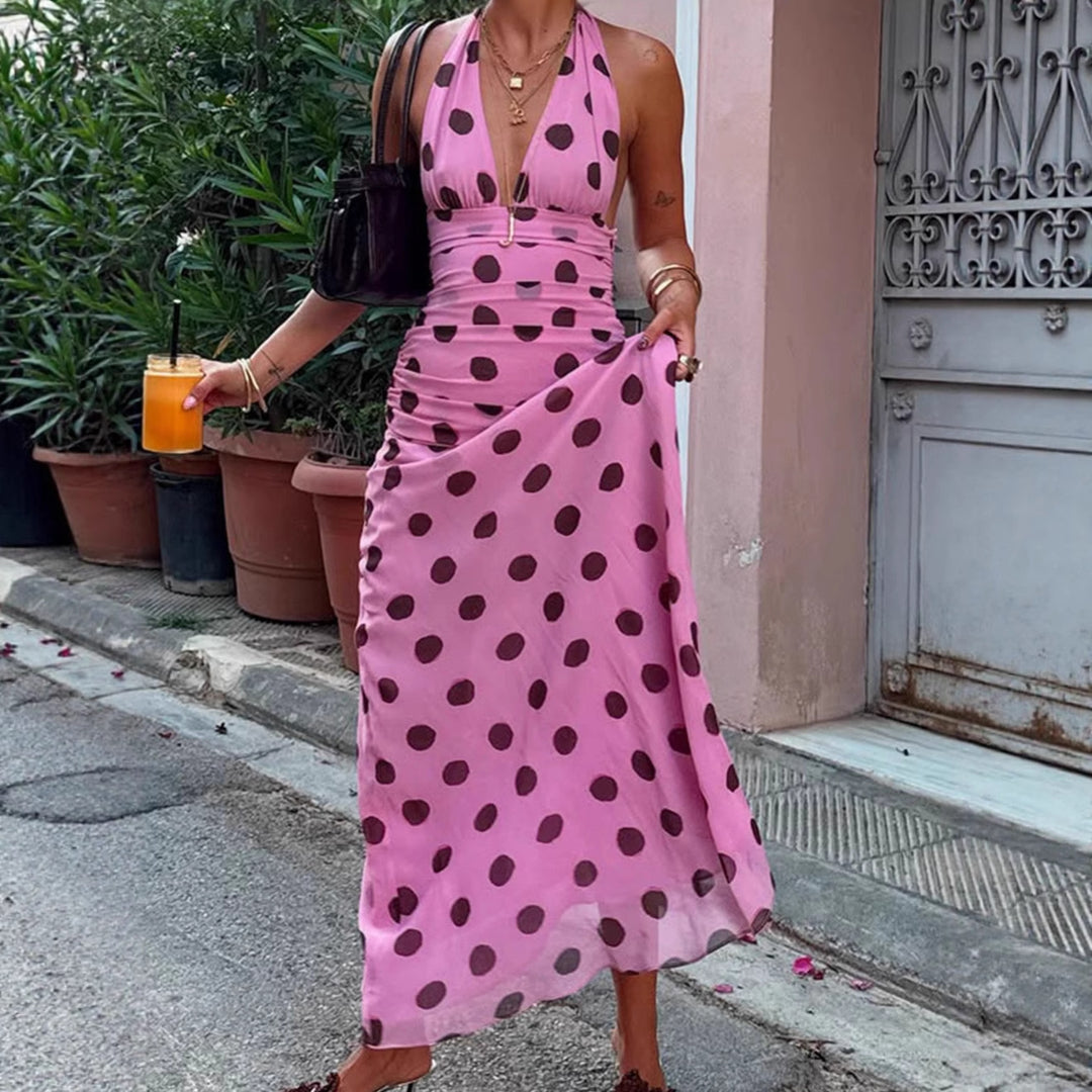 Women Elegant Maxi Dress with Polka Dots and Deep V Neck Lune London