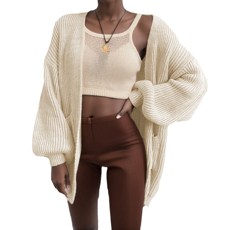 Women Open Knit Cardigan with Voluminous Sleeves and Practical Pockets Lune London