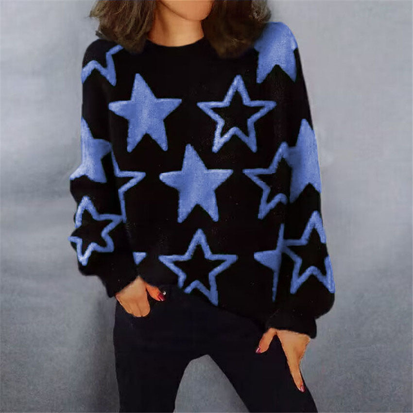 Ladies Comfortable Knit Sweater with Star Pattern and Chic Casual Cut