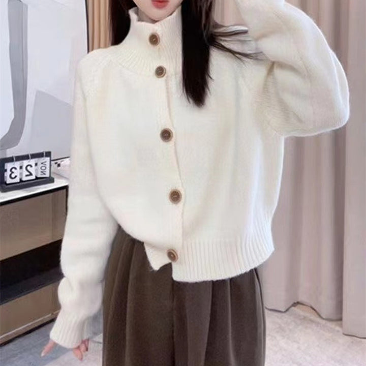 Comfortable cardigan for women with high collar and decorative buttons Lune London