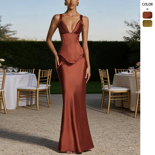 Women's Elegant Evening Dress with Figure-Shaping Design and Deep V-Neck