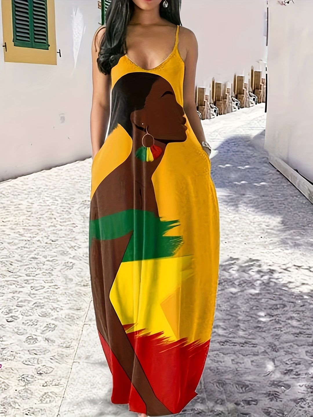 Maxi dress for women with modern ethnic print and practical side pockets Lune London