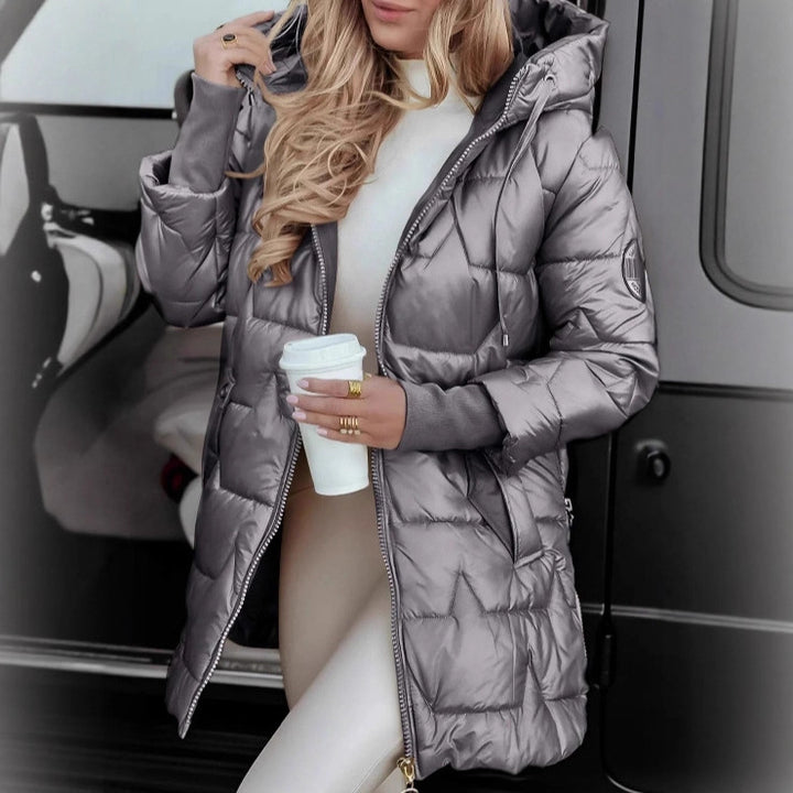 Ladies long down jacket with hood and side pockets Lune London