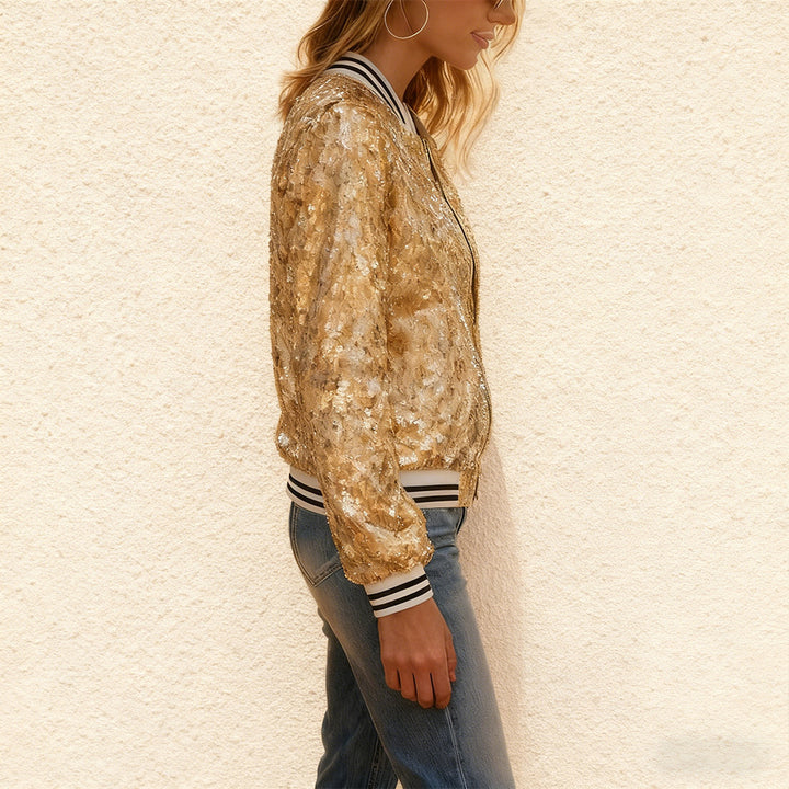 Women Glittering Sequin Bomber Jacket with Contrasting Stripes Lune London