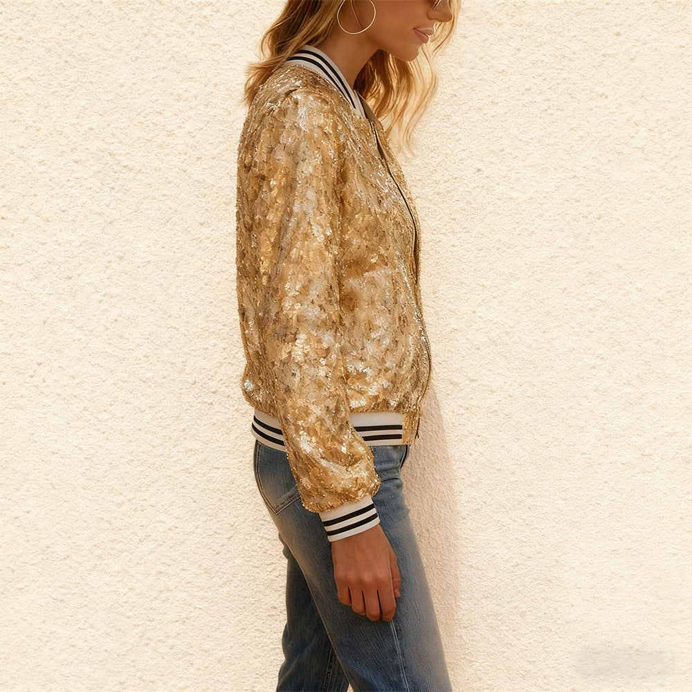 Women's Glittering Sequined Bomber Jacket with Contrasting Stripes Lune London