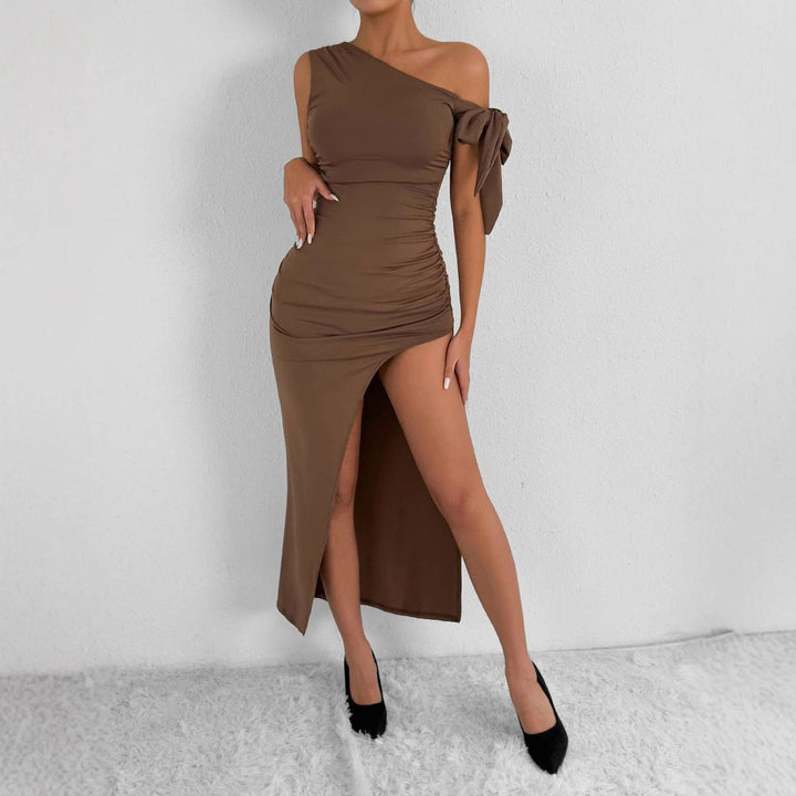 Women Elegant Wrap Dress with Asymmetrical Cut and Chic Ruffle Detail Lune London