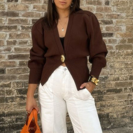 Elegant knitted cardigan for women with a deep V-neck and decorative button Lune London