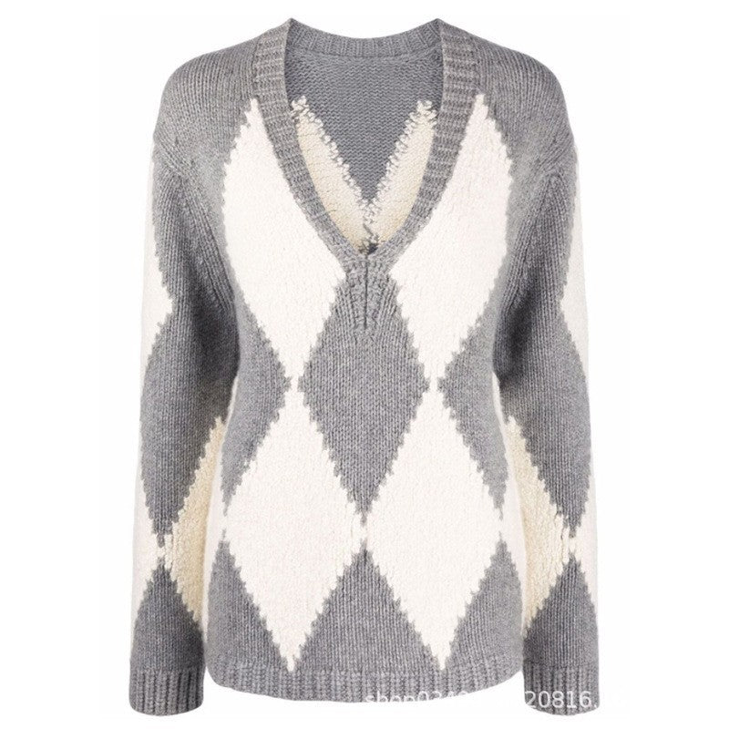 Pull tricoté tendance pour femmes à col en V avec motif en zigzag Chic & Stil