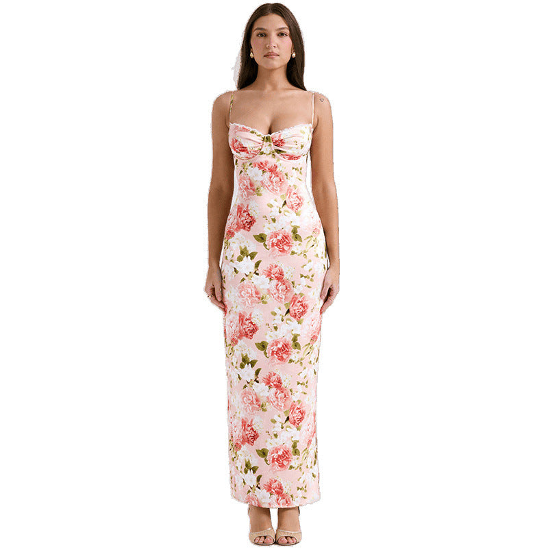 Chic Floral Print Satin Maxi Dress for Women