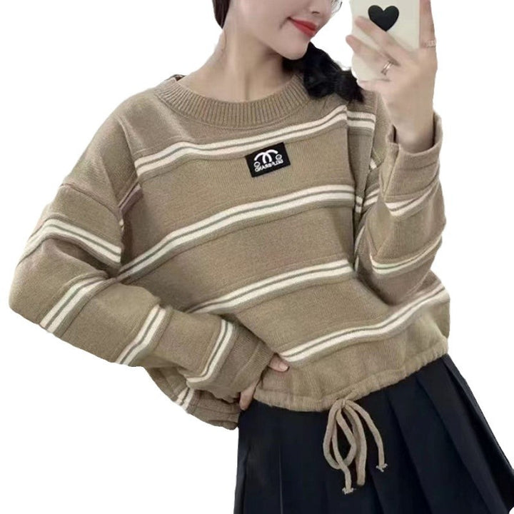 Women's striped sweater with stylish drawstring and casual oversized fit