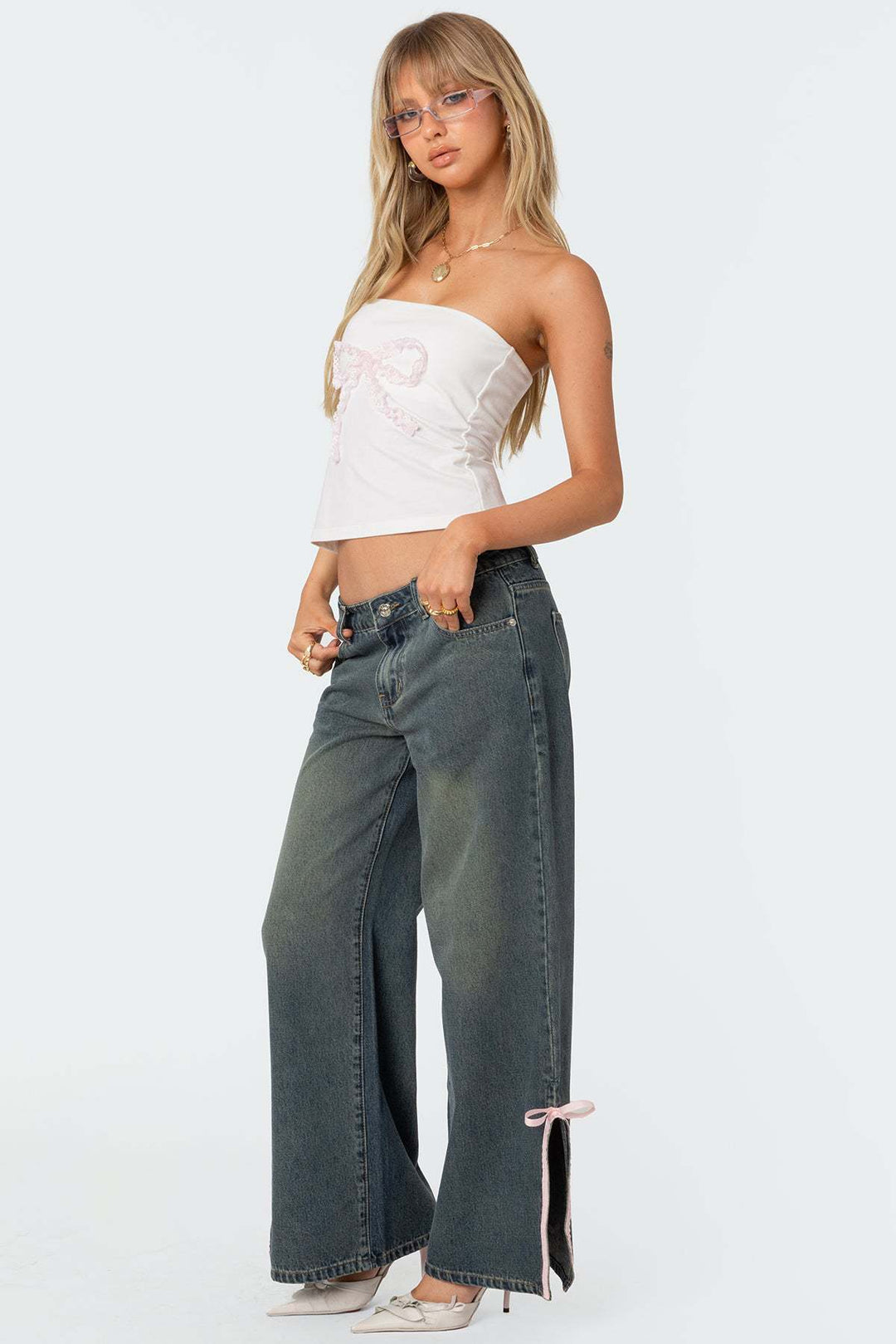 Women's High Waist Denim Pants with Fashionable Bow Details Lune London