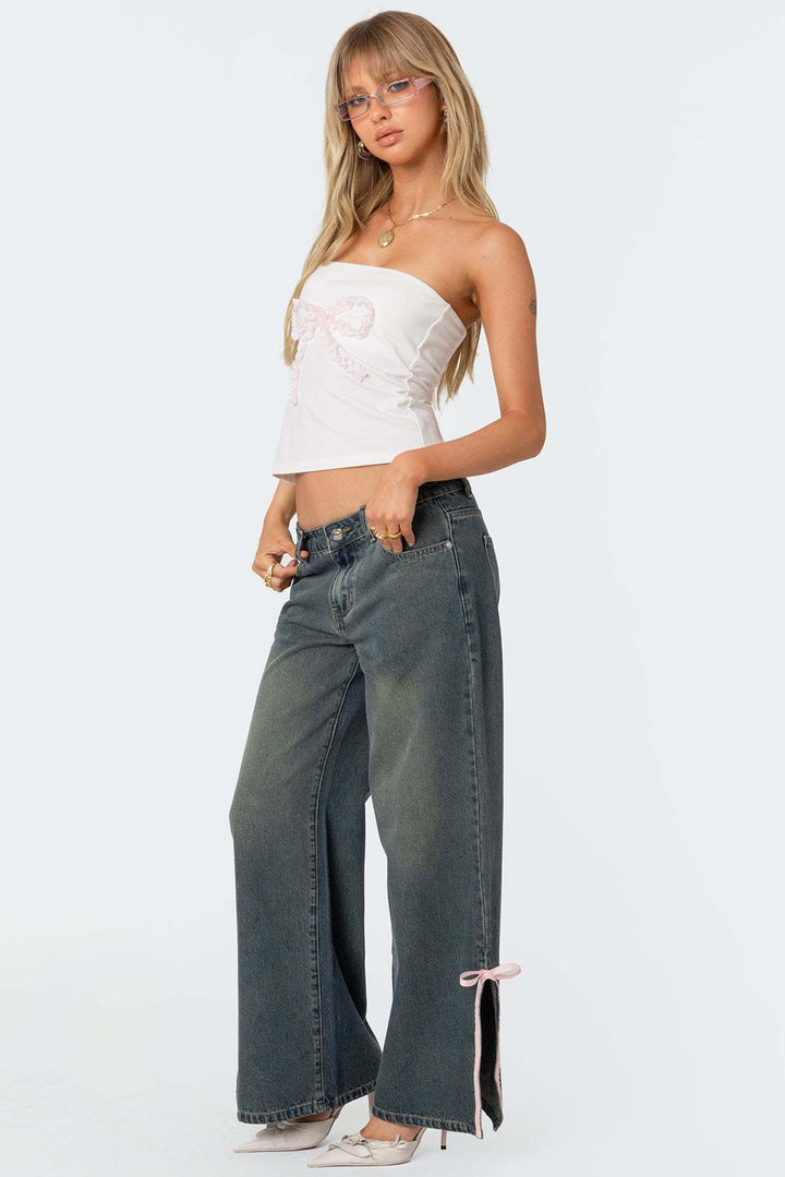 Women's High Waist Denim Pants with Fashionable Bow Details Lune London