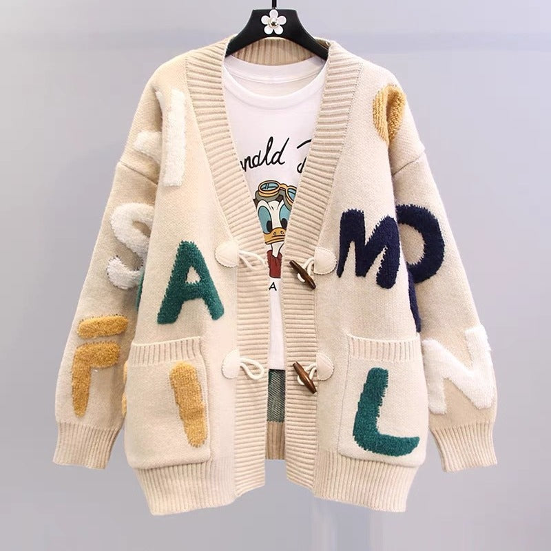 Thick knit cardigan for women with creative applications and large pockets Lune London