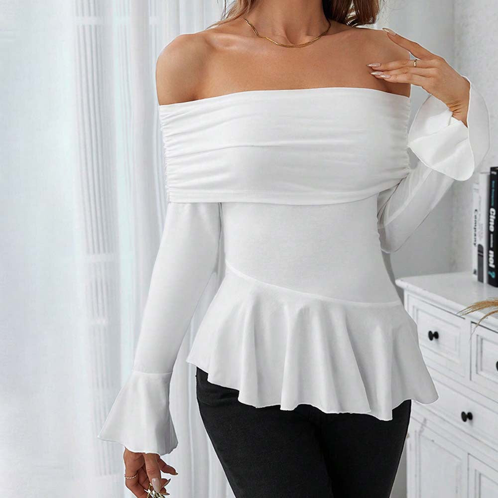 Haut Femmes Bretelles Dégagées avec Volants Stylés et Manches Longues Chic & Stil