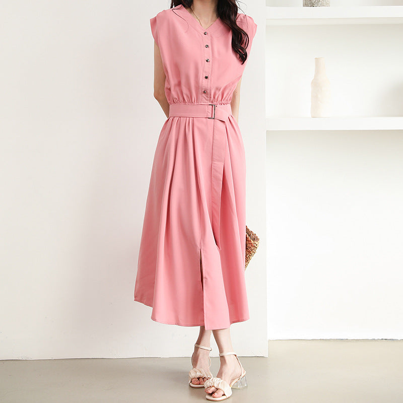 Midi dress for women with button placket and belt at the waist Lune London