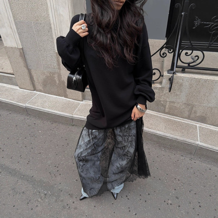 Pull décontracté surdimensionné pour femmes avec des détails de volants élégants et une transparence à la mode Chic & Stil