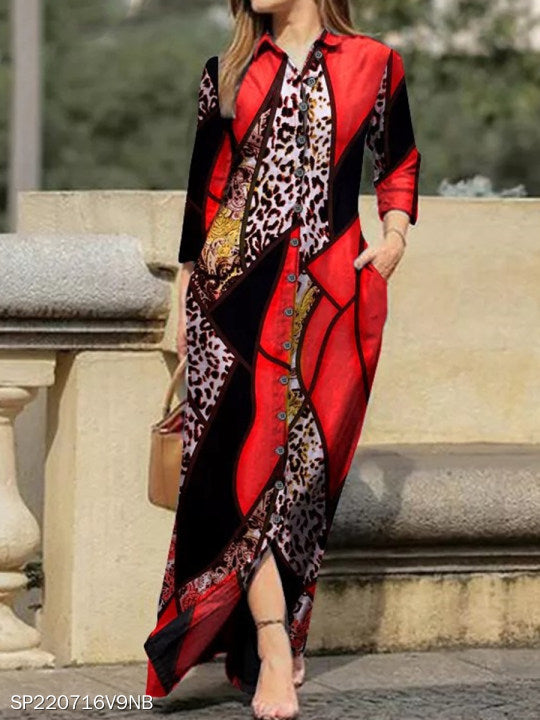 Maxi dress for women with artistic pattern and button design Lune London