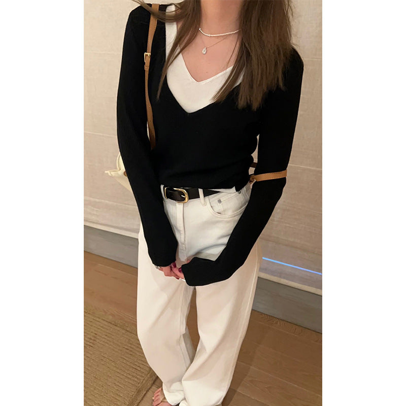 Pull femme à col V en maille côtelée fine Chic & Stil