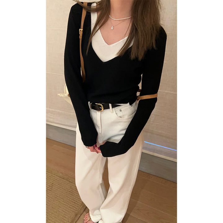 Pull femme à col V en maille côtelée fine Chic & Stil