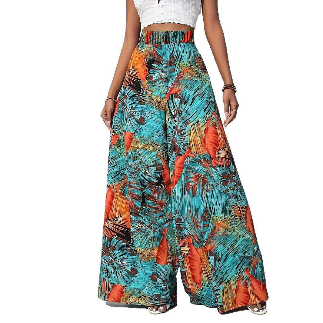Palazzo Pants for Women with a Lively Palm Pattern and an Elastic High Waist Lune London