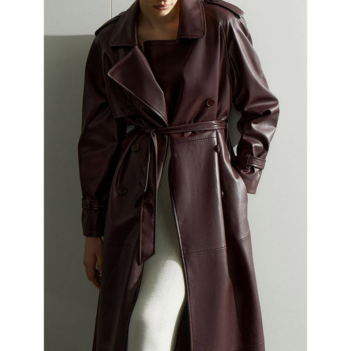 Lune London women's faux leather trench coat with belt and practical pockets