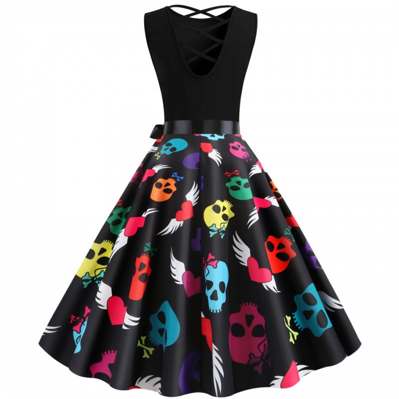 Robe swing femme avec design de crâne coloré et ceinture à lien latéral Chic & Stil