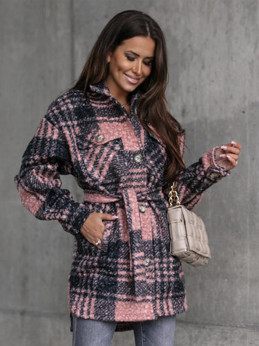 Women Trendy Plaid Flannel Jacket with Waist Belt Lune London